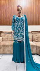 Elegant Teal Embroidered Sharara Set with Dupatta