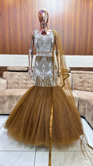 Golden Brown Mermaid Gown with Intricate Embroidery