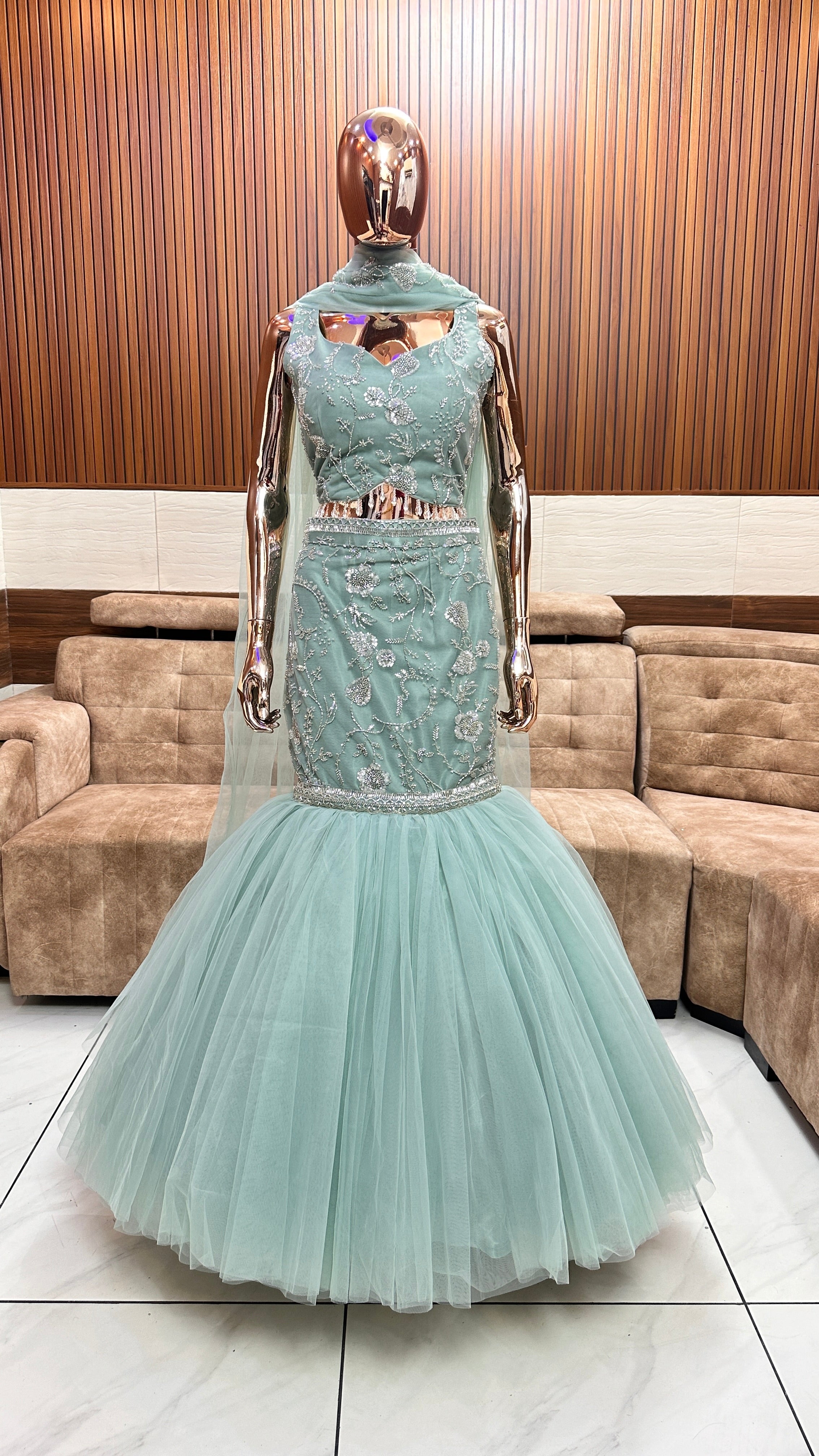 Mint Green Mermaid Gown with Elegant Embroidery