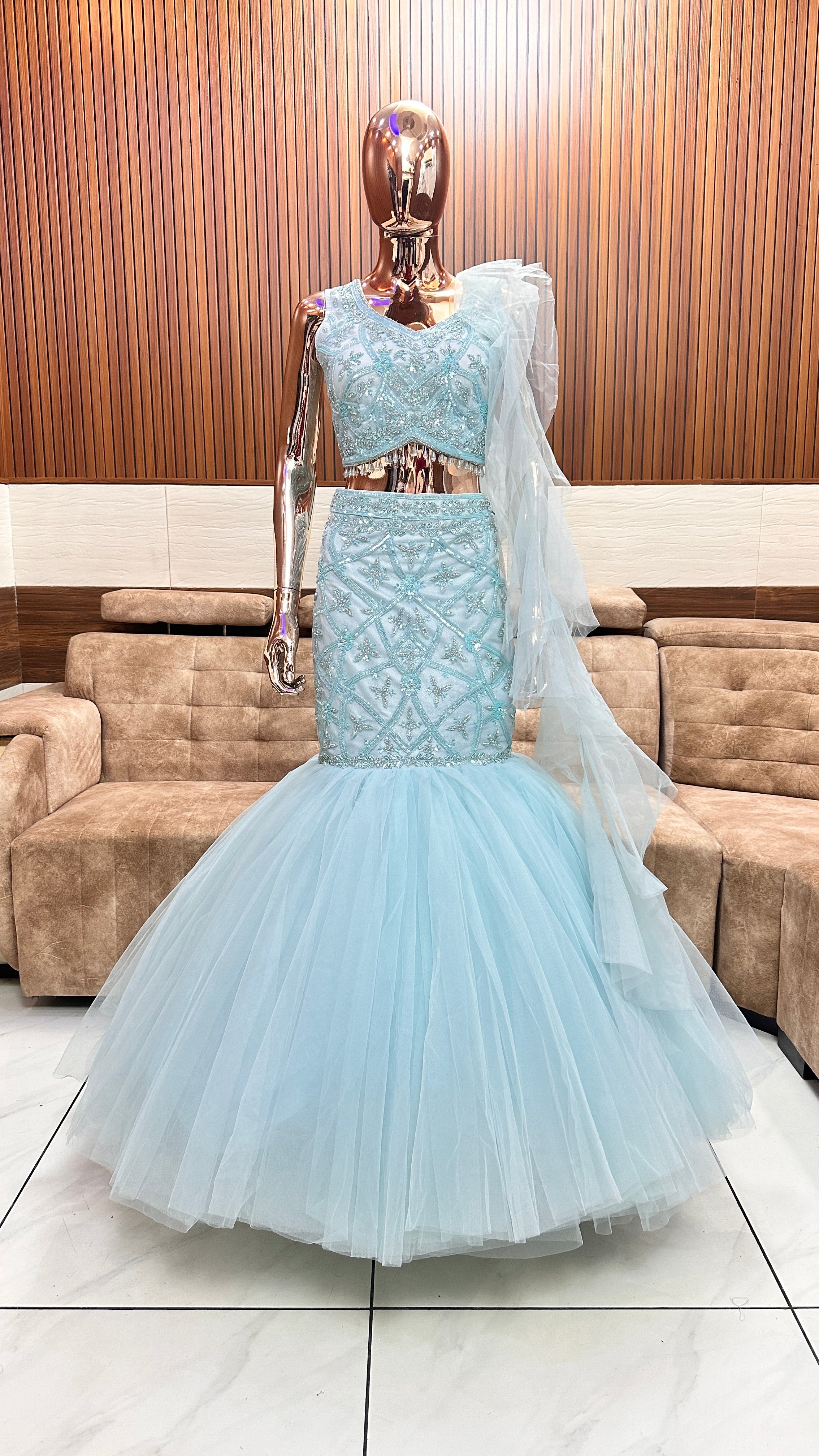 Mint Green Mermaid Gown with Elegant Embroidery