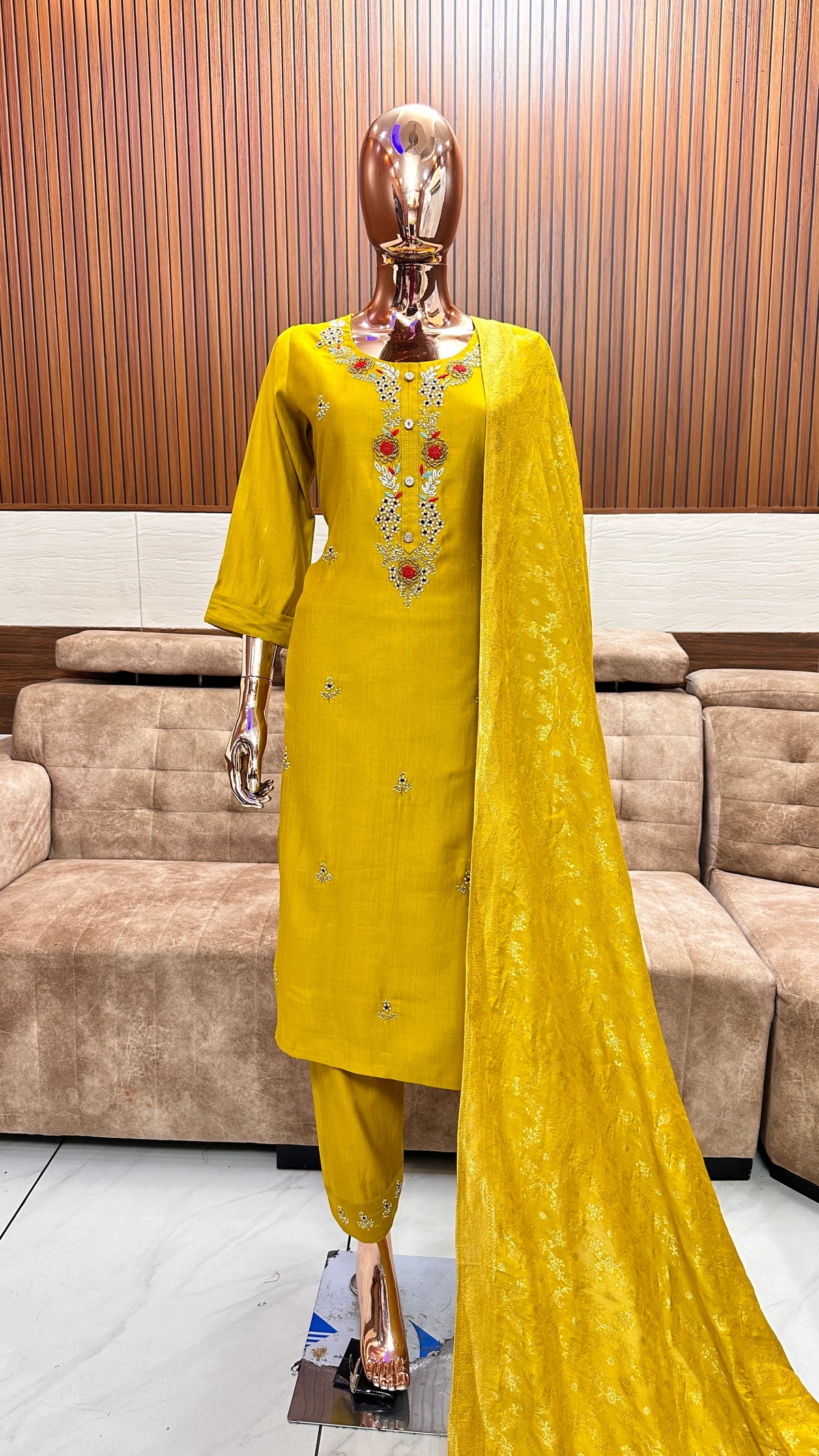 Elegant Mustard Yellow Embroidered Kurta Set