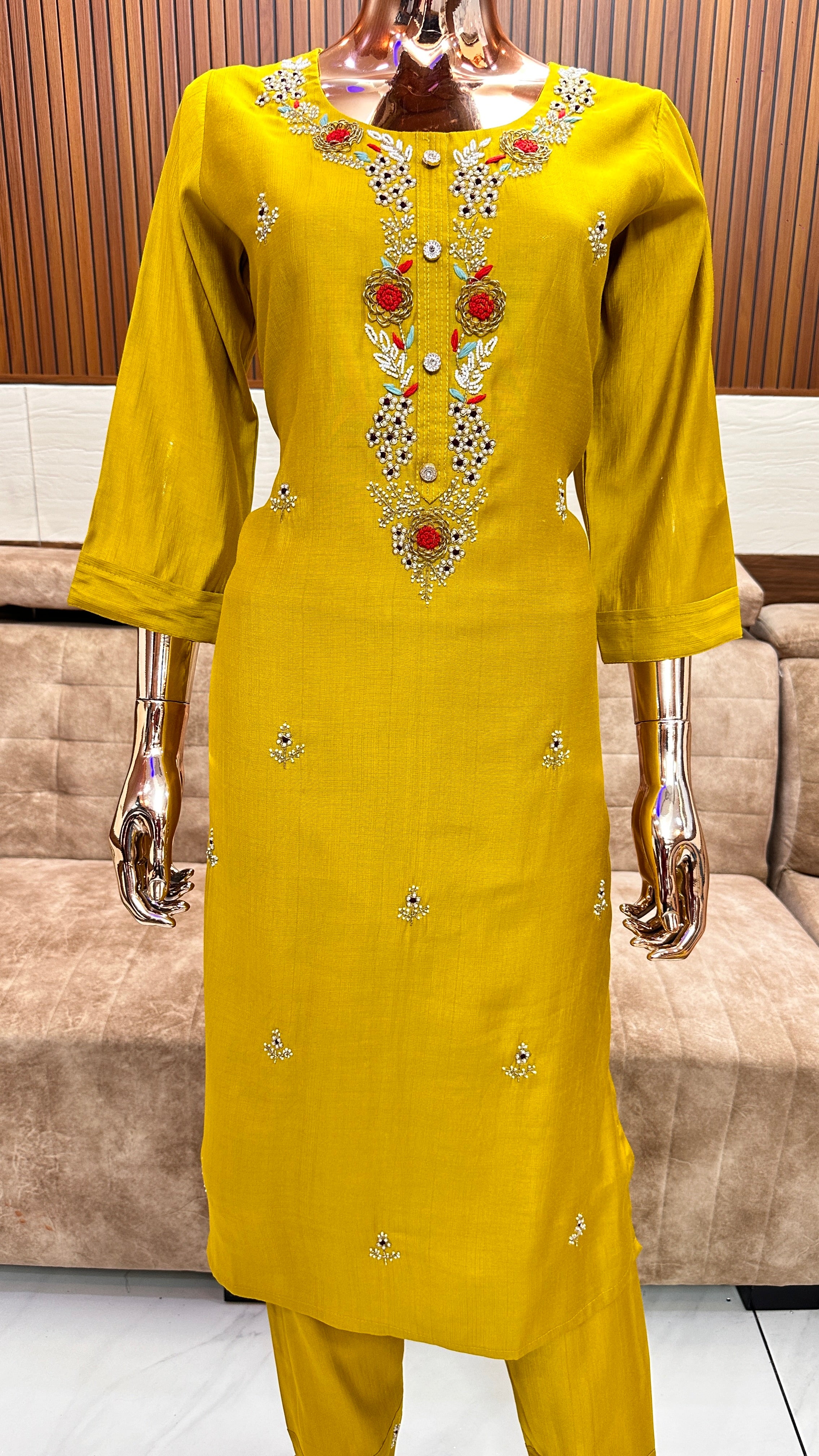 Elegant Mustard Yellow Embroidered Kurta Set