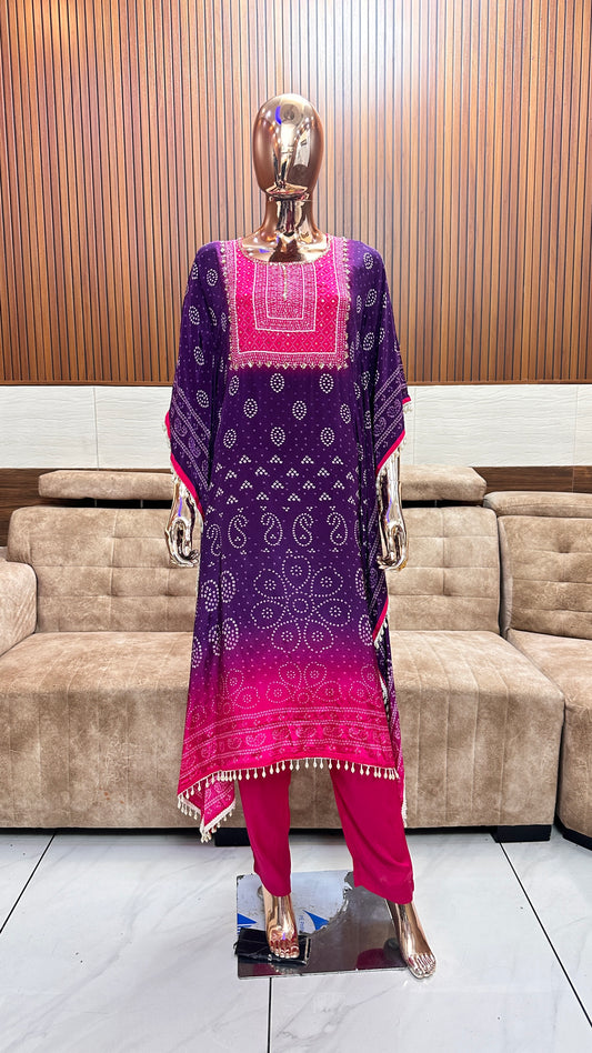 Elegant Purple and Pink Bandhani Kurta Set with Tassel Detailing