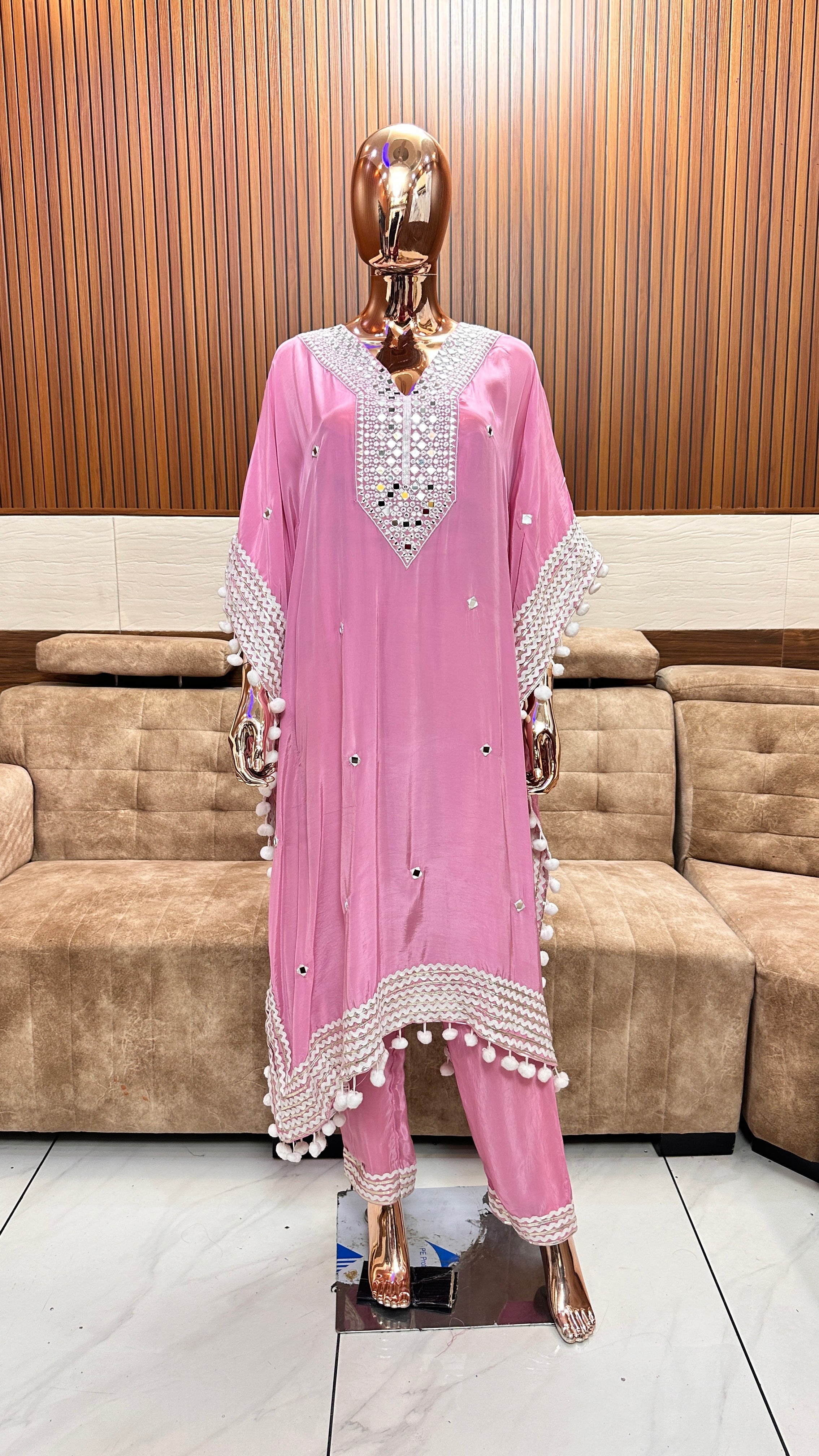 Soft Pink Mirror Work Kurta Set with Pom Pom Accents