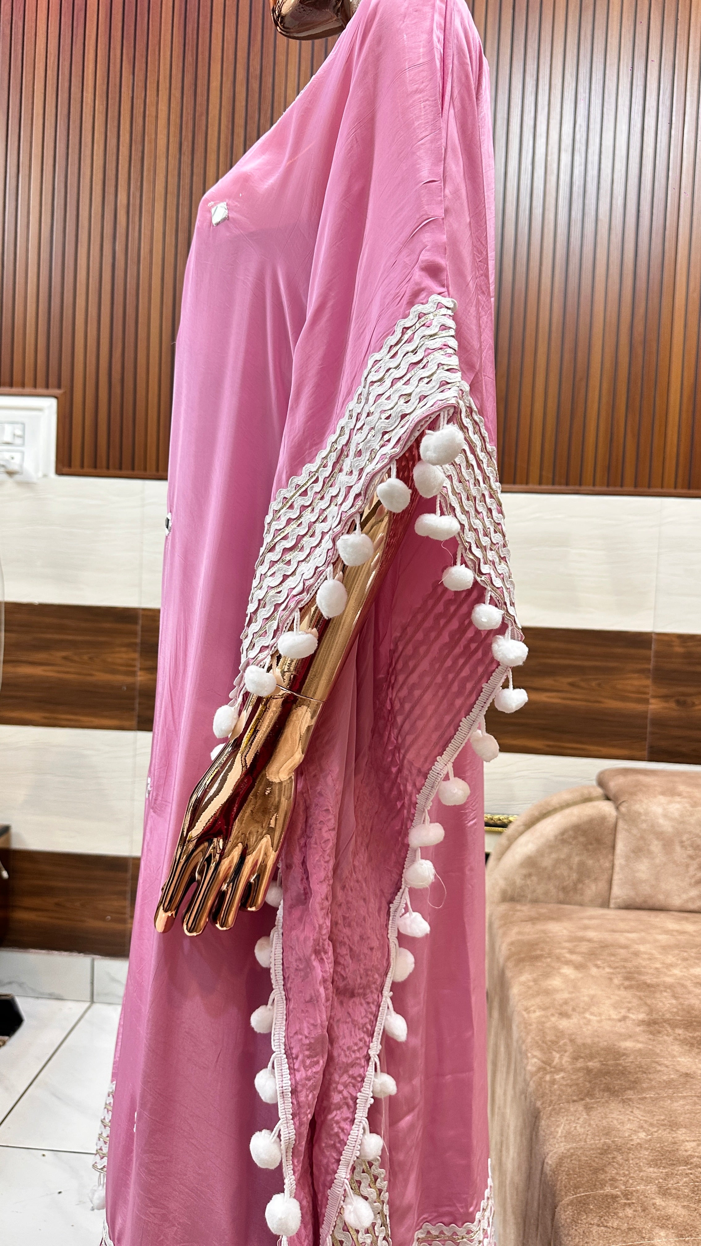 Soft Pink Mirror Work Kurta Set with Pom Pom Accents