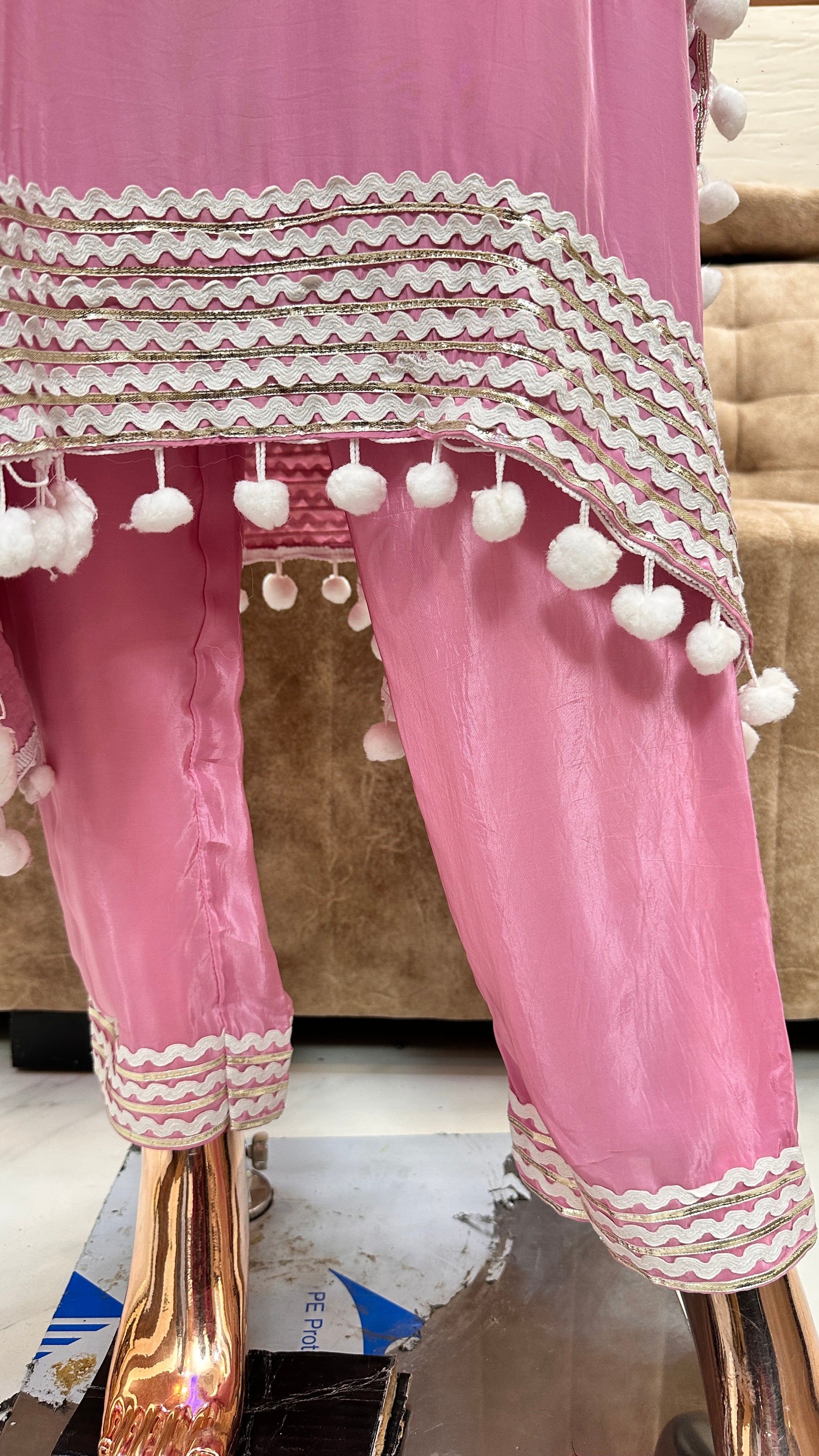 Soft Pink Mirror Work Kurta Set with Pom Pom Accents