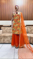 Orange Traditional Embroidered Suit with Dupatta