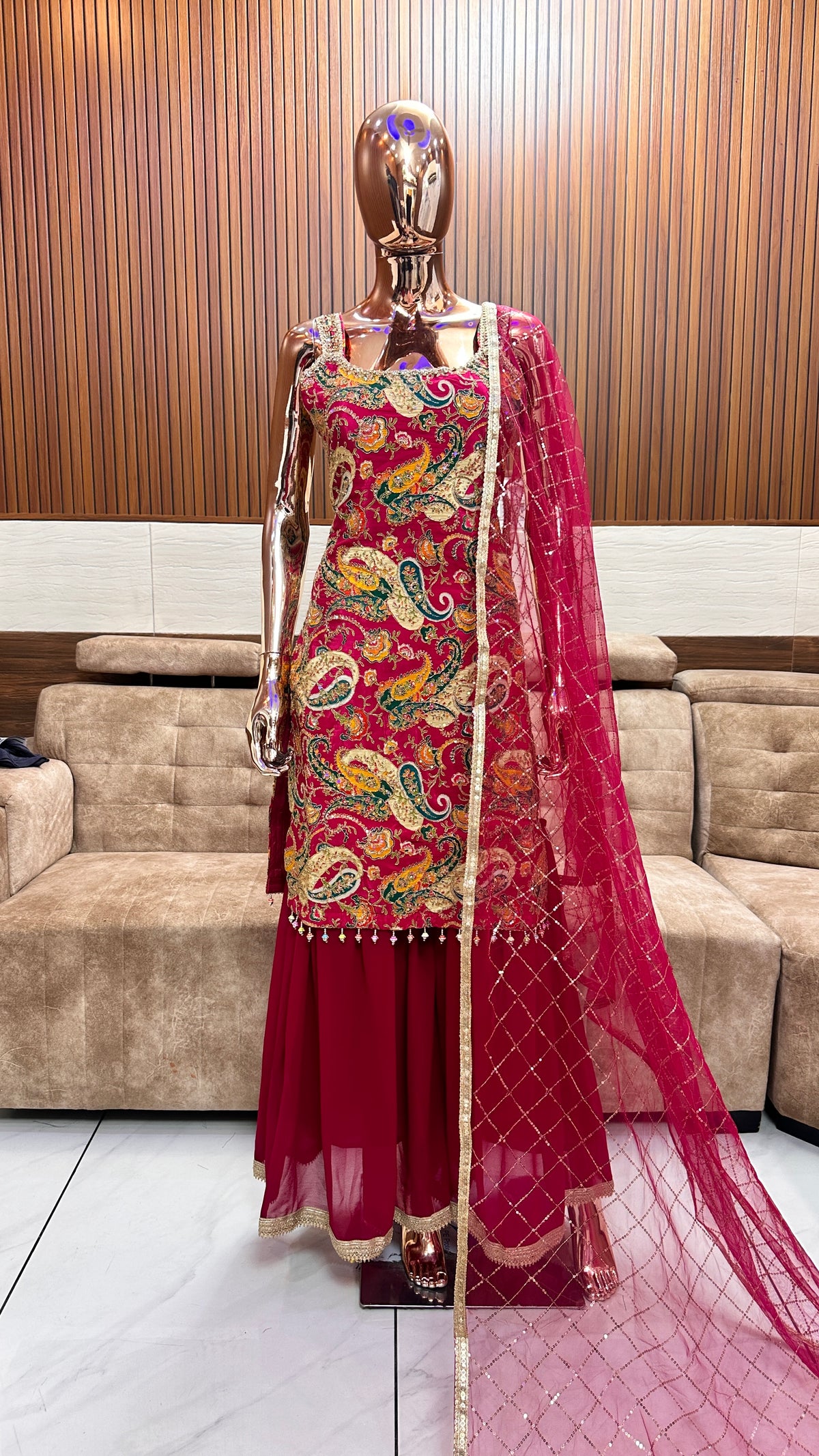 Maroon Traditional Embroidered Suit with Net Dupatta