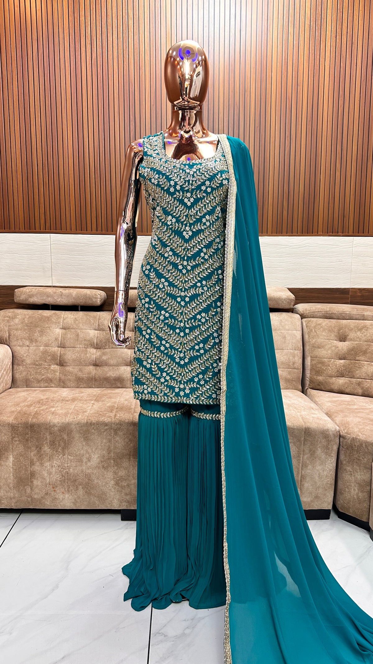 Teal Embroidered Sharara Suit with Flowing Dupatta