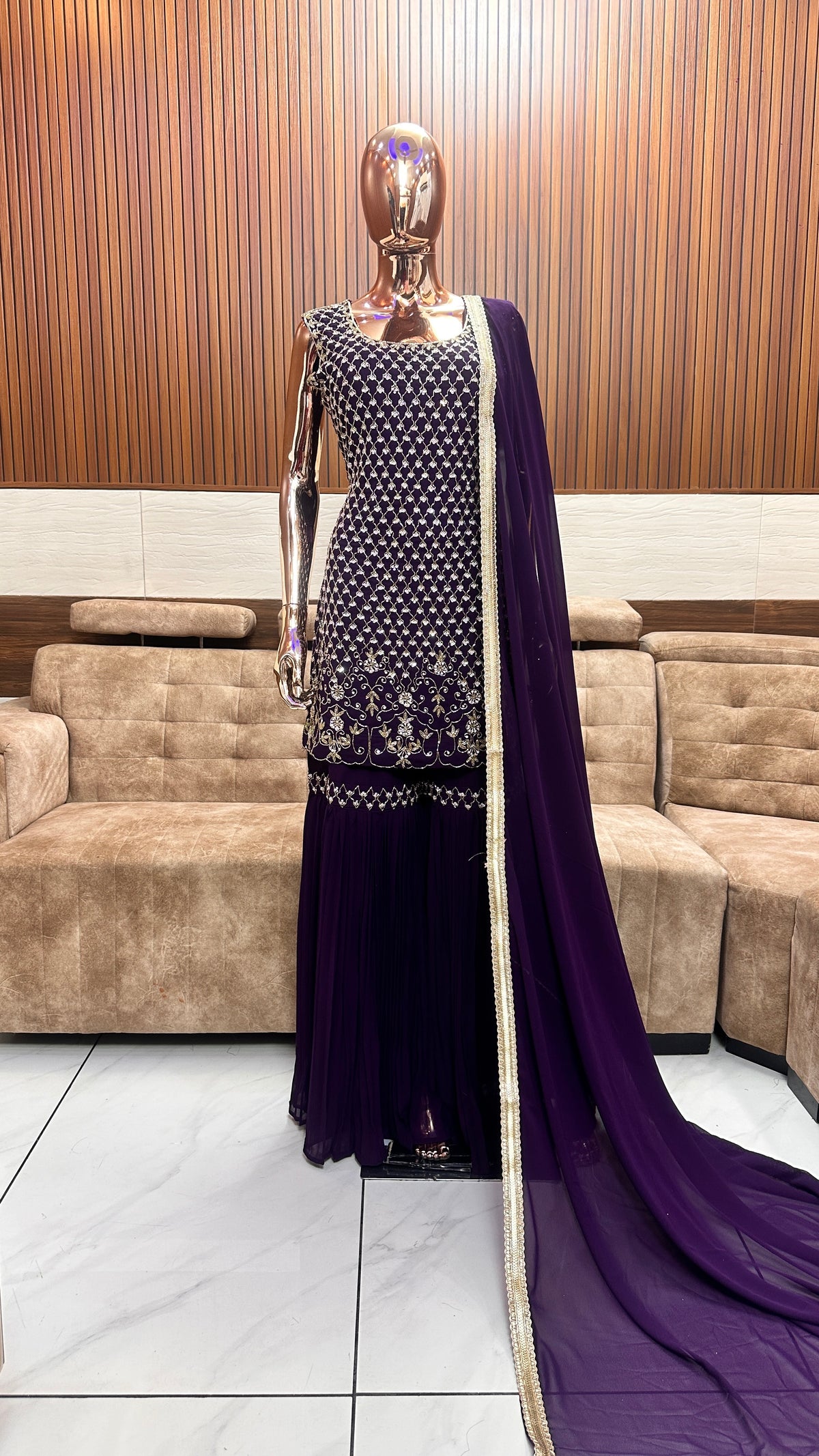 Deep Purple Embroidered Sharara Suit with Georgette Dupatta