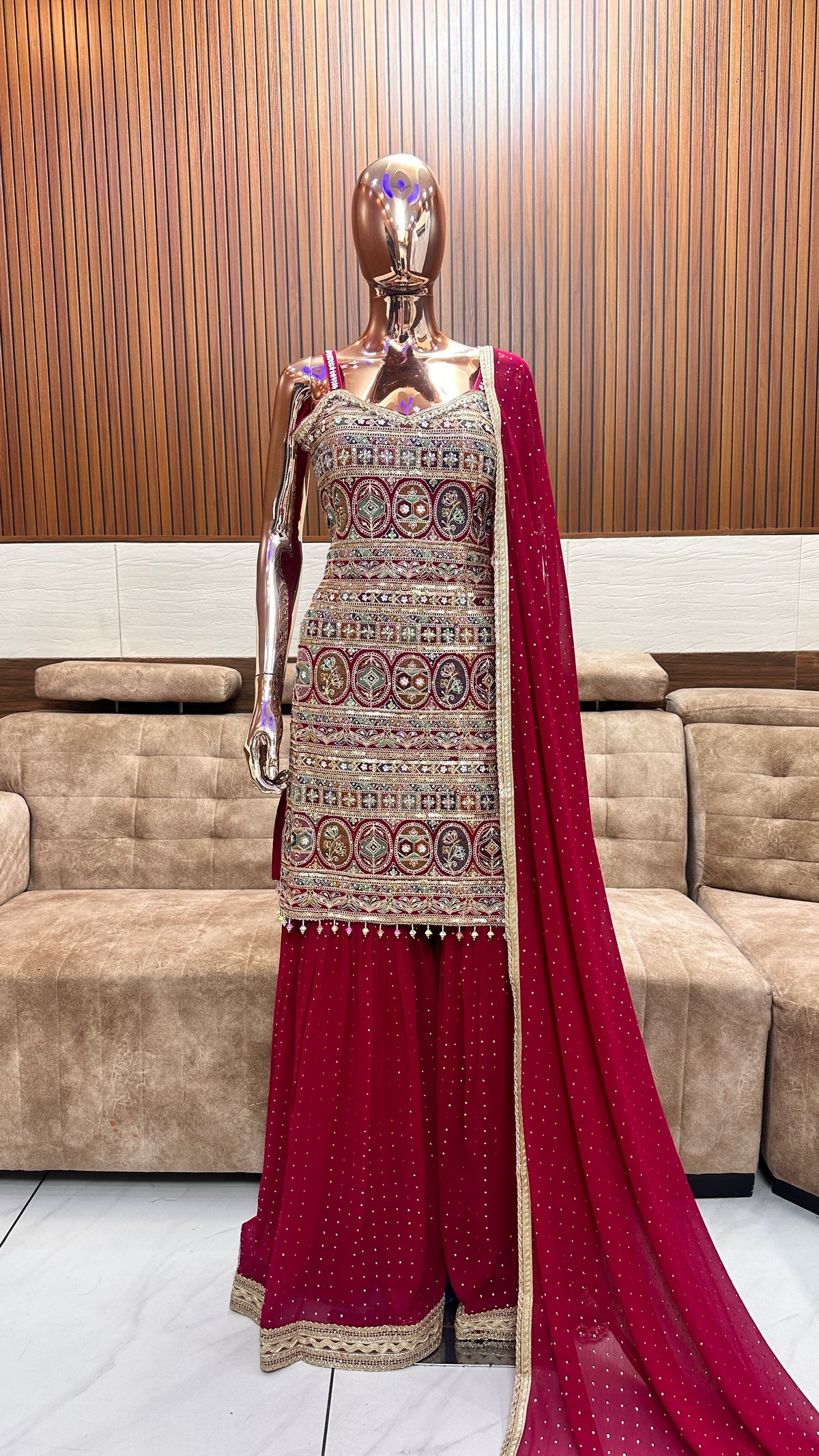 Red Embroidered Sharara Set with Mirrorwork