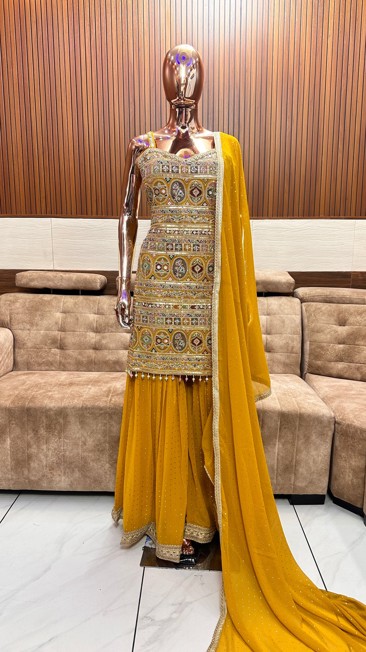 Mustard Yellow Mirror Embellished Sharara Suit