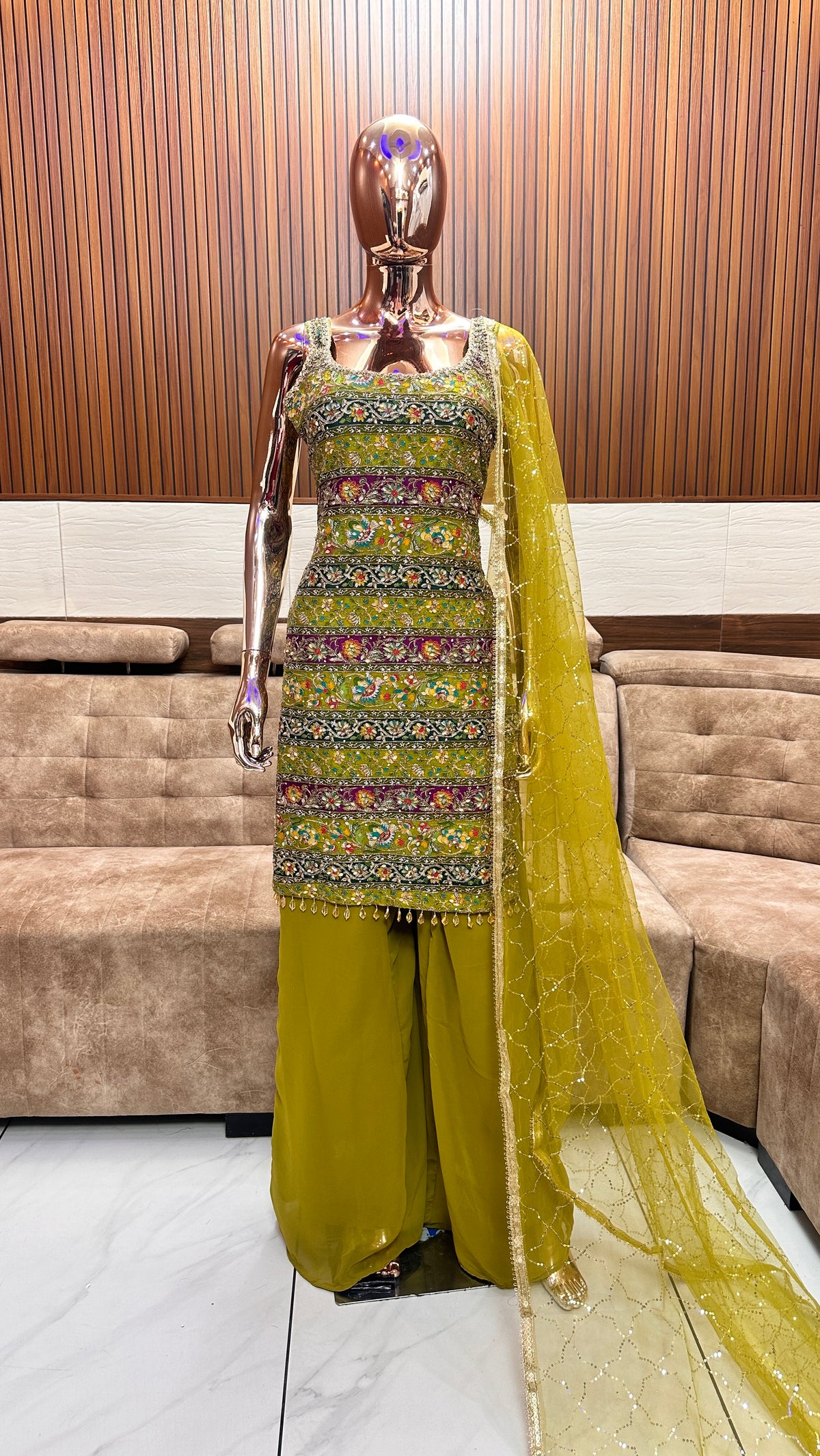 Olive Green Multicolor Embellished Sharara Suit