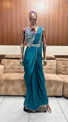 Teal Pre-Draped Saree with Embroidered Blouse