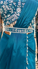 Teal Pre-Draped Saree with Embroidered Blouse