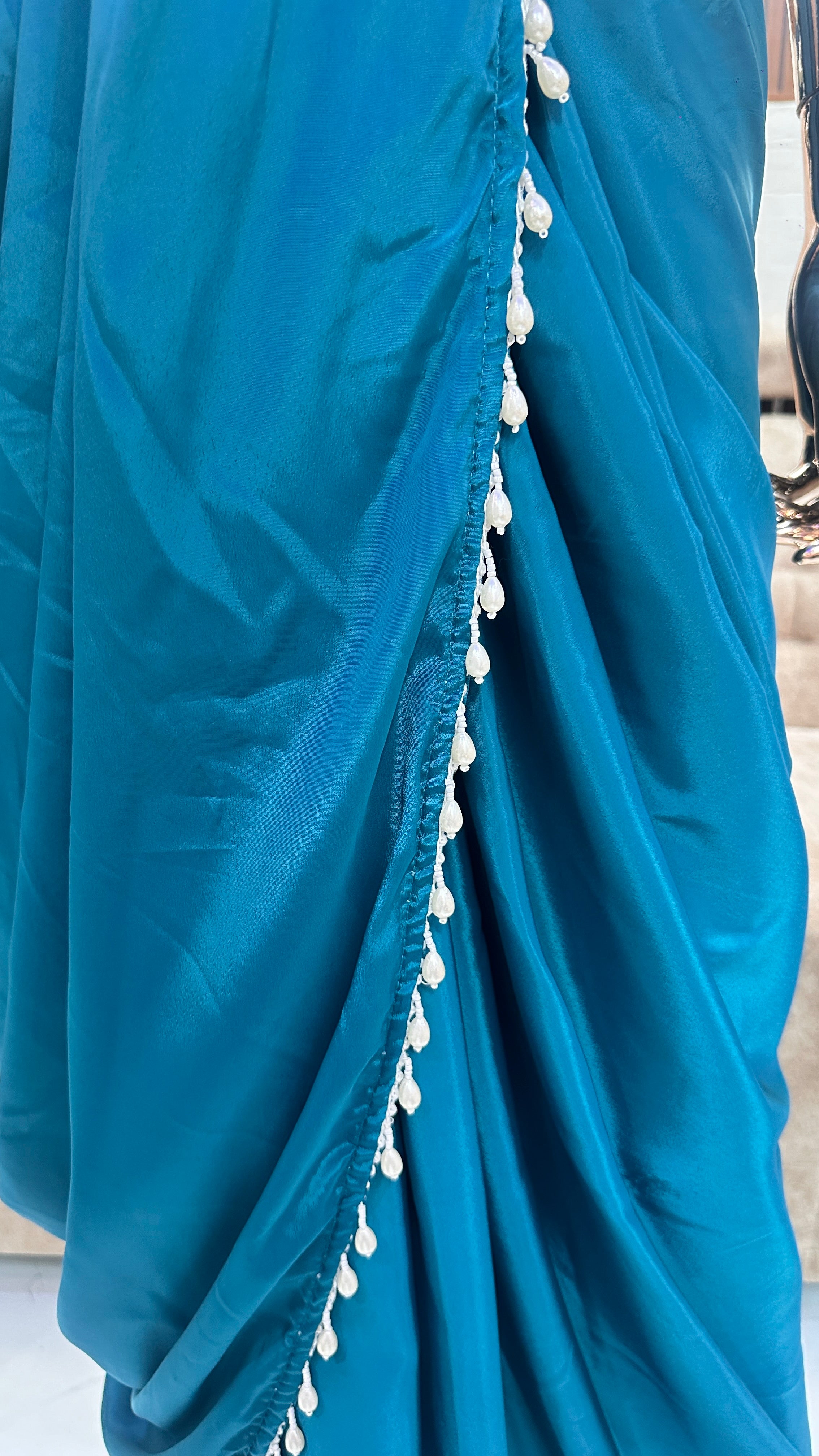 Teal Pre-Draped Saree with Embroidered Blouse