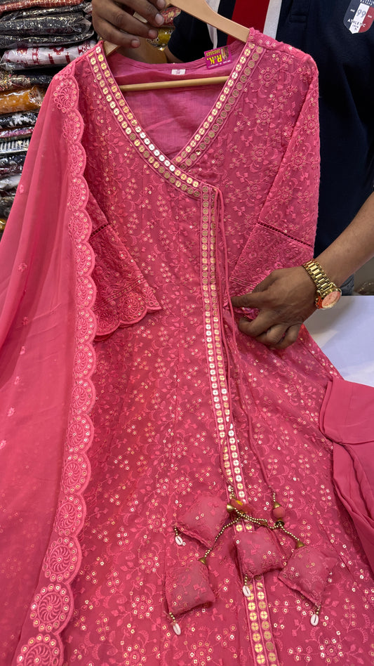 Radiant Pink Chikankari Angrakha Suit Set