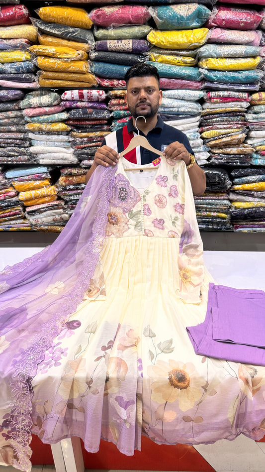 Ivory Floral Anarkali Suit Set with Purple Accents