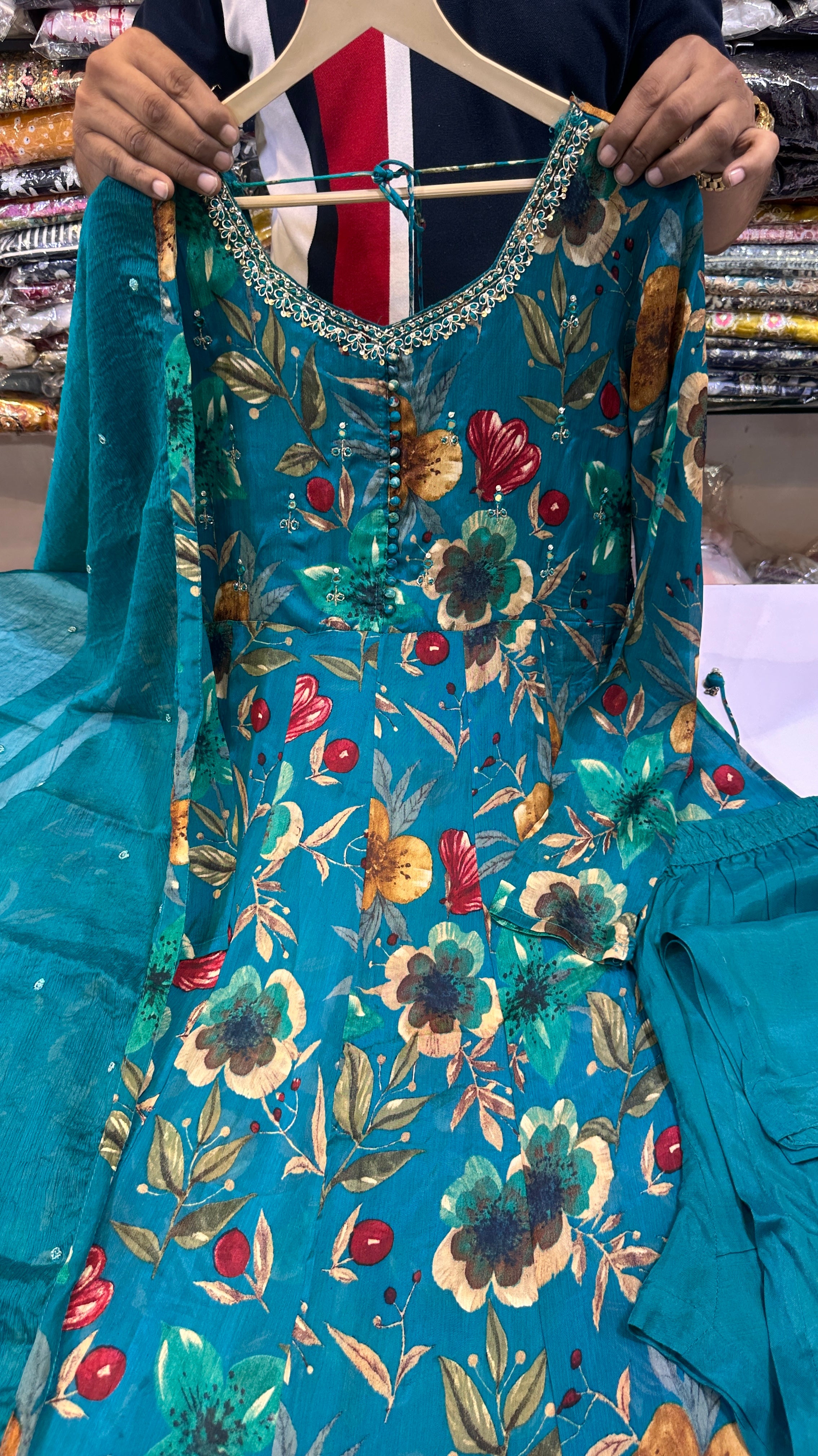Teal Floral Anarkali Suit Set