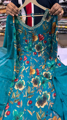 Teal Floral Anarkali Suit Set