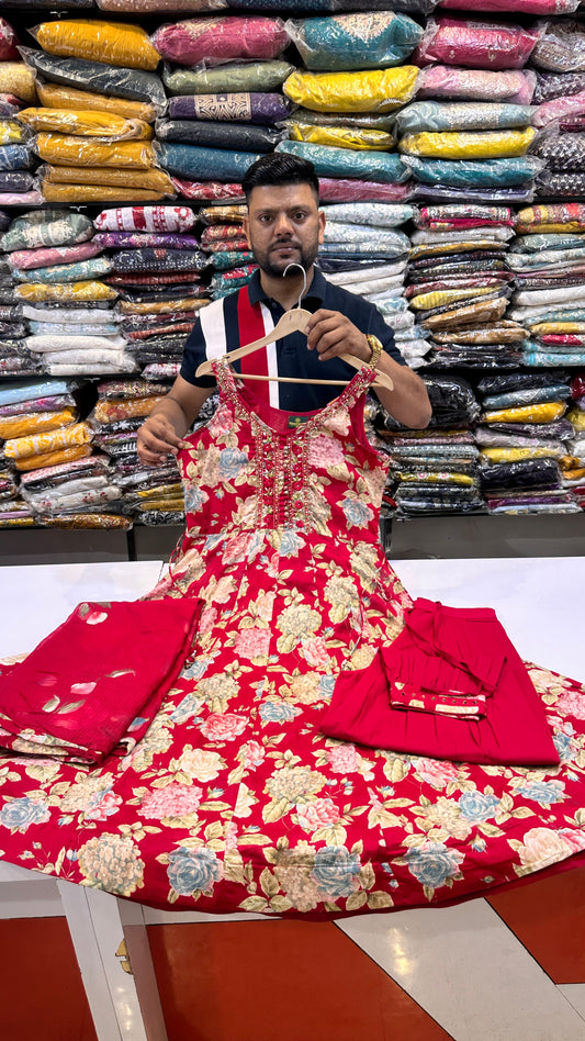 Teal Floral Anarkali Suit Set