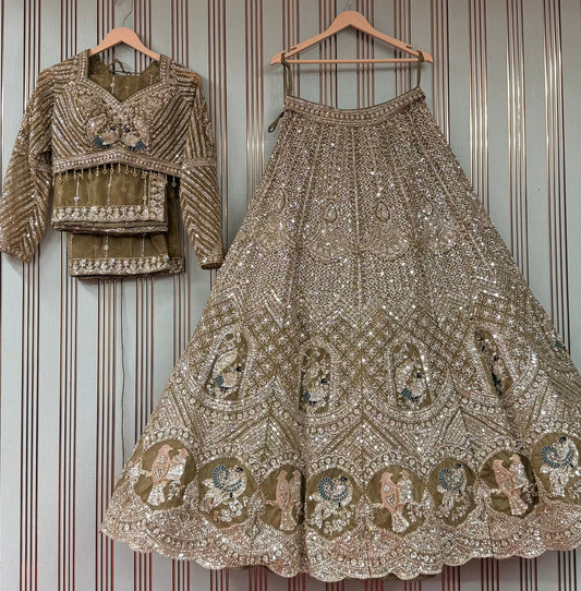 Luxury Hand Embroidered Designer Lehenga Set – Antique Gold