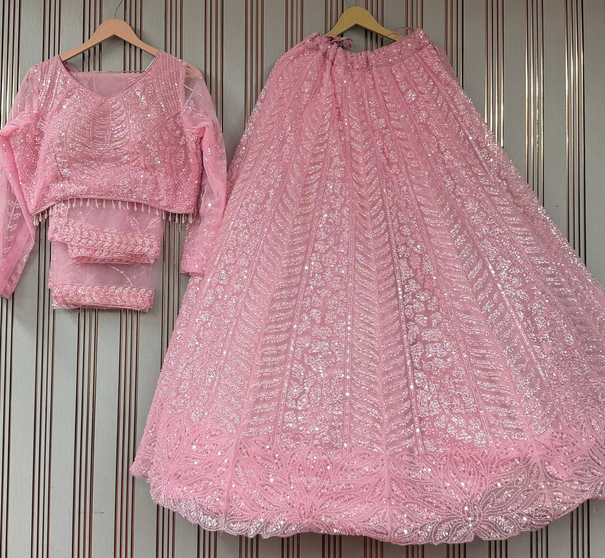 Hand Embroidered Sequin Lehenga Set – Blush Pink