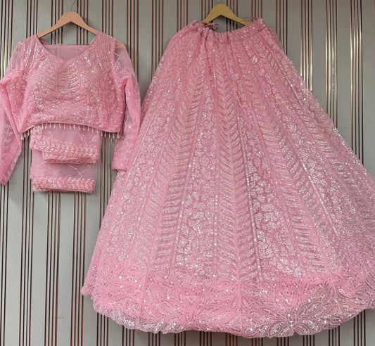 Hand Embroidered Sequin Lehenga Set – Blush Pink
