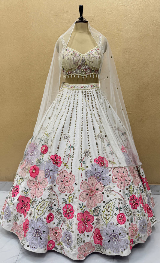 Premium Hand Made White Floral Lehenga Choli Set