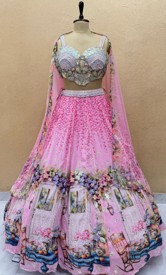 Pink Floral Printed Designer Lehenga with Sequin Embroidery & Net Dupatta