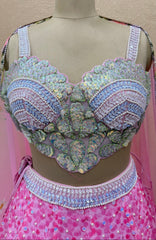 Pink Floral Printed Designer Lehenga with Sequin Embroidery & Net Dupatta