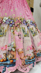 Pink Floral Printed Designer Lehenga with Sequin Embroidery & Net Dupatta