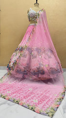 Pink Floral Printed Designer Lehenga with Sequin Embroidery & Net Dupatta