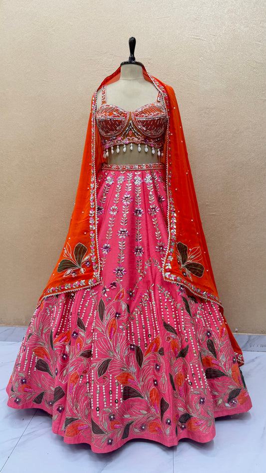 Fuchsia Pink and Orange designer Lehenga Set with Hand-Painted Dupatta
