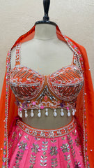 Fuchsia Pink and Orange designer Lehenga Set with Hand-Painted Dupatta