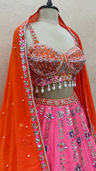 Fuchsia Pink and Orange designer Lehenga Set with Hand-Painted Dupatta