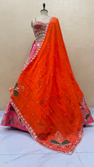 Fuchsia Pink and Orange designer Lehenga Set with Hand-Painted Dupatta