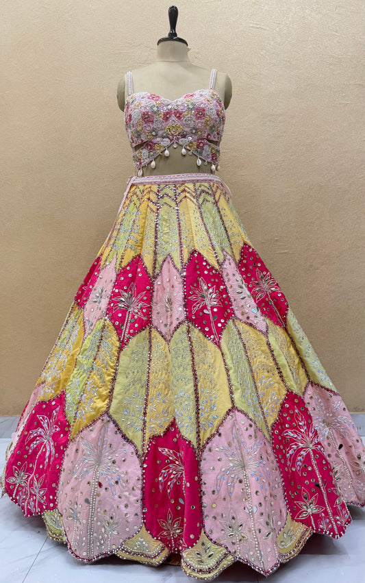 Luxury Multicolor Hand Embroidered Designer Lehenga Set with Pearl Corset Blouse