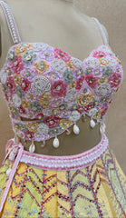 Luxury Multicolor Hand Embroidered Designer Lehenga Set with Pearl Corset Blouse