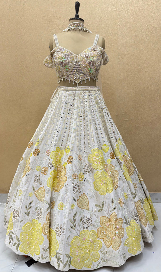 Handcrafted White Pearl & Sequin Embroidered Floral Lehenga Choli Set with Heavy Work Blouse