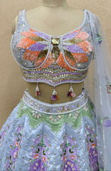 Pastel Grey Floral Hand-Embroidered Designer Lehenga Choli Set with Sequins, Pearl Work & Net Dupatta