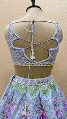 Pastel Grey Floral Hand-Embroidered Designer Lehenga Choli Set with Sequins, Pearl Work & Net Dupatta