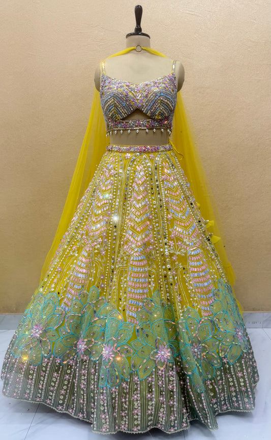 PDP Inspired Luxury Yellow Hand Embroidered Designer Lehenga Set with 3D Floral Design