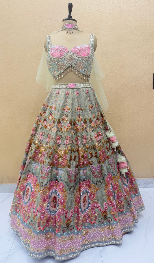 Celestial Blush Couture Designer Lehenga Set – Hand-Embellished Sequin Bridal Lehenga with Crystal Corset Blouse & Dupatta