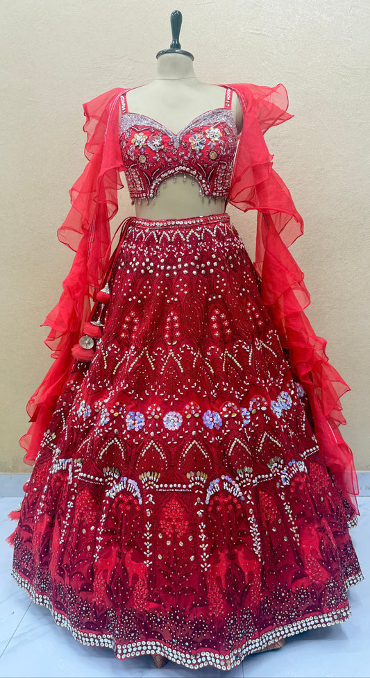 PDP Inspired Luxury Red Hand Embroidered Designer Lehenga Set with Crystal Work & Ruffle Organza Dupatta