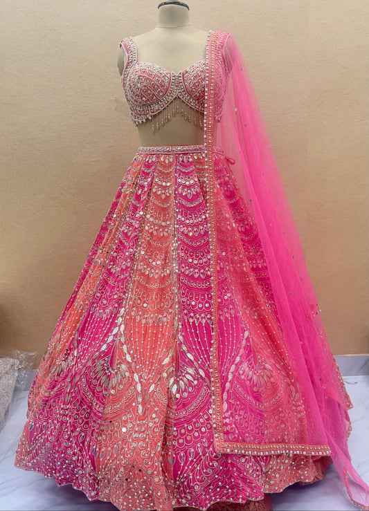 Premium Hot Pink & Coral Bridal Lehenga Choli with Heavy Hand Work Detailing