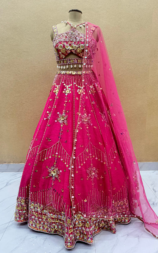 Hot Pink Bridal Lehenga Choli with Heavy Mirror Work, Pearl Tassels & Floral Sequin Embroidery