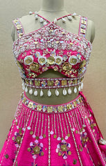 Hot Pink Bridal Lehenga Choli with Heavy Mirror Work, Pearl Tassels & Floral Sequin Embroidery