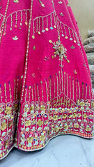 Hot Pink Bridal Lehenga Choli with Heavy Mirror Work, Pearl Tassels & Floral Sequin Embroidery