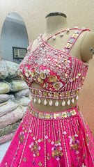 Hot Pink Bridal Lehenga Choli with Heavy Mirror Work, Pearl Tassels & Floral Sequin Embroidery
